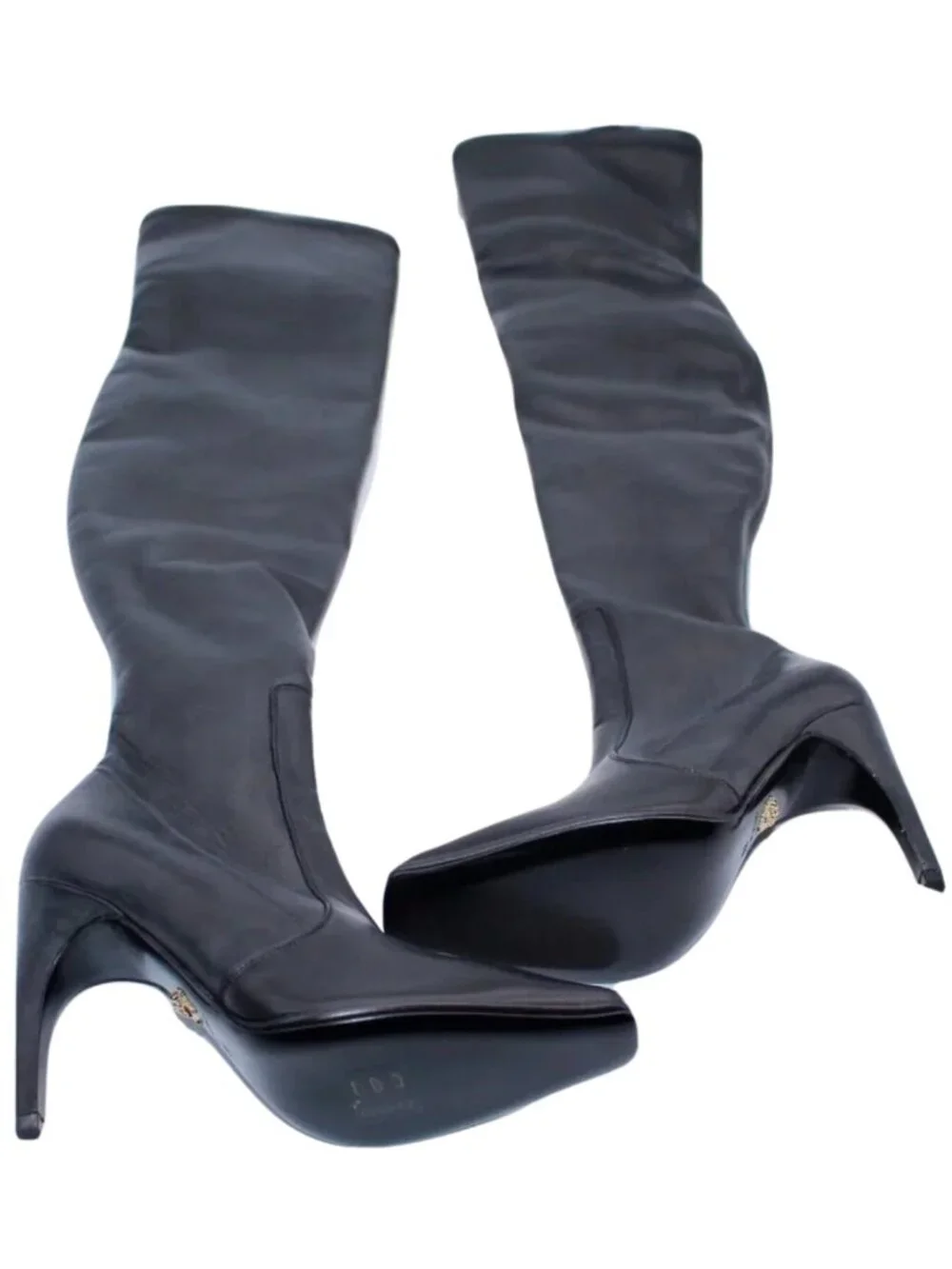 VERSACE OVER-THE-KNEE BLACK LEATHER HORSE RIDING STYLE Boots HIGH HEELS 37.5 7.5